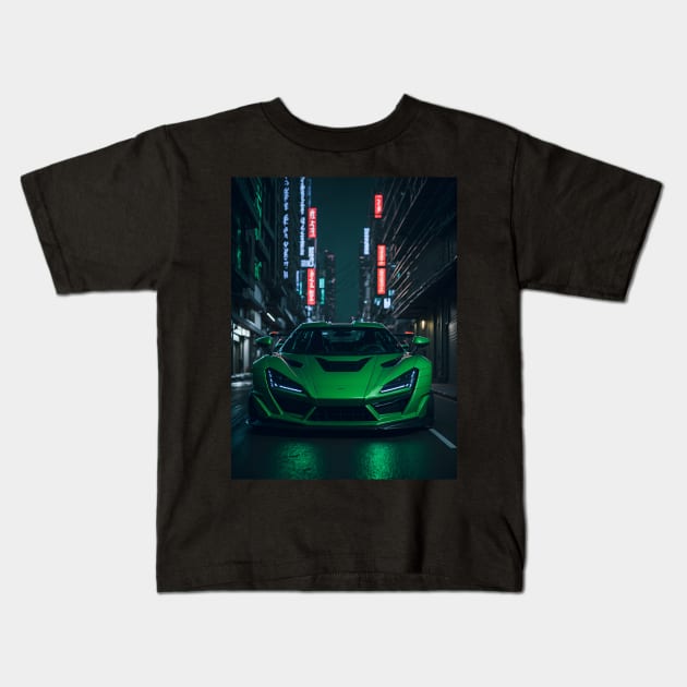 Dark Green Sports Car in Japanese Neon City Kids T-Shirt by star trek fanart and more